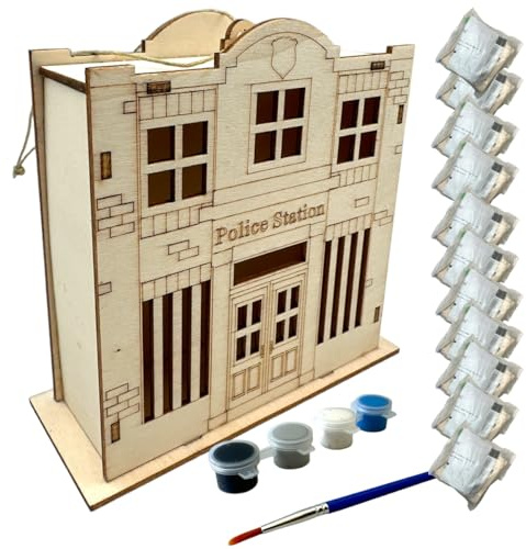 Oojami Wooden Police Station Crafting Kit: 12 DIY Unfinished Police Station Decoration Party Favors Supplies Ideal for Kids and Adults of All Ages with Paints and Brush (DIY)