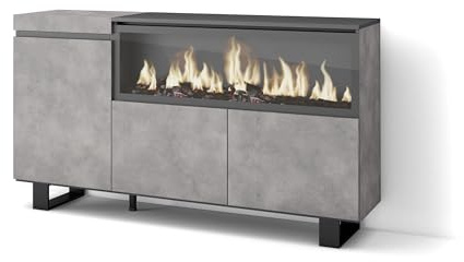 Skraut Home | Sideboard, Highboard | Kommode, Komodenschrank | 160 | 3 Türen | Elektrokamin XXL | Industriedesign | Moderner Stil | Zement