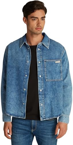 Calvin Klein Uomo Camicia in Jeans Regular Denim Shirt Taschino sul Petto, Blu (Denim Light), L