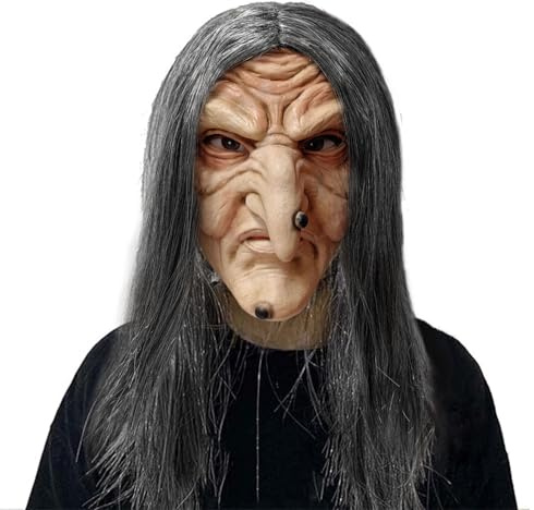 Opahuter Halloweenmask, realistisk och läskig, skräckmask i latex, häxmask med hår, leende demonmask, gammal dam-mask, för vuxna, dräkt för halloweenfest