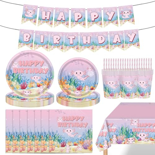 ZGCXRTO Stoviglie Per Feste Di Salamandra Rosa,62 Pezzi Set Di Stoviglie Di Carta Per Feste Assiettes Gobelets Pailles Serviettes En Papier Les Banderoles Et Les Nappes Disponible Pour 10 Personnes