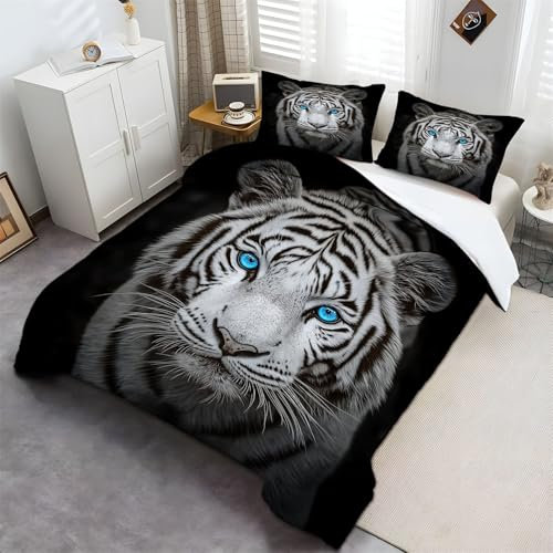Bettbezug für Herbst und Winter 135 x 200 cm Bettwäsche-Set Deluxe Tiere Blauäugiger Tiger Mikrofaser Weiche Bettbezug mit Reißverschluss und Kissenbezüge Schwarz und Weiß