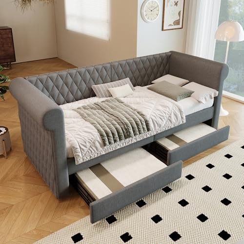 Kebnor Vintage Kopfteil Polsterbett Sofabett 90x200 cm, Schlafsofa Tagesbett mit 2 Stauraum Schubladen, Kinderbett Jugendbett Bettgestell mit Lattenrost aus Holz, Linen(Ohne Matratze) (Grau)