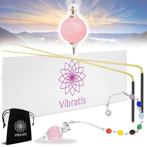 VIBRATIS Baguettes de Sourcier avec Pendule en Quartz Rose 7 Chakras - Kit de Radiesthésie en Cuivre - Précision et Fiabilité pour la Géobiologie, le Paranormal et la Divination - Marque Française