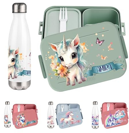 wolga-kreativ Personalisiertes Set Mepal Brotdose und Kinderflasche Einhorn für Mädchen - Bento Lunchbox mit Fächern und Unterteilung Geschenk Schule Kindergarten Einschulung