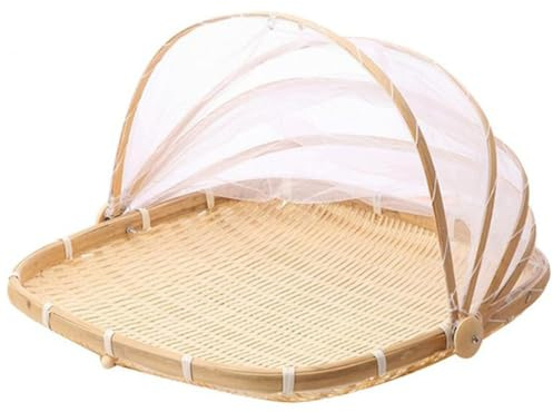 Fruit Basket with Cover 13x13 In Square Woven Bamboo Bread Basket with Lid Dust-proof Mesh Wicker Food Serving Tent Basket for Picnic Vegetable Fruits Meals