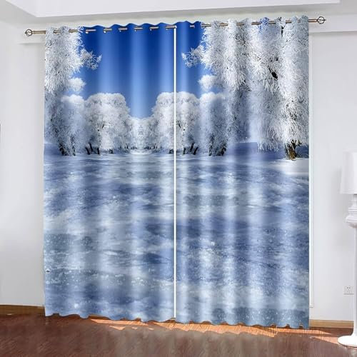 Mesnt Blickdichte Gardinen mit Schlaufen, 152x214cm Grau Blau Schneewaldlandschaft Vorhang für Schlafzimmer/Wohnzimmer