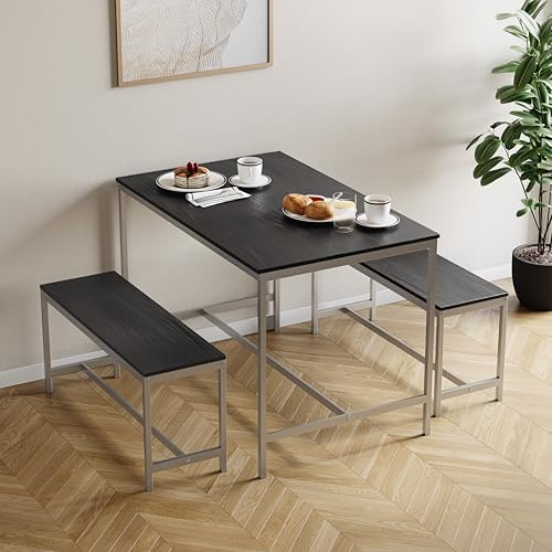 Vida Designs Roslyn Dining Table Set with 2 Benches, 3 Piece Furniture for Kitchen or Dining Room, Space-Saving Table for 4 – Black, Table 110 x 70 x 75cm, Benches 95 x 30 x 43cm