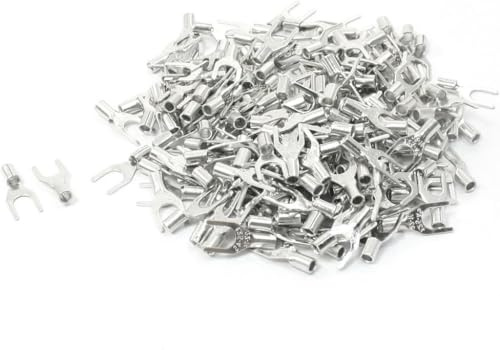 TOP-VIGOR 200Pcs SNB1.25-4 Fork Spade Terminal Connectors, Non-Insulated U-Type Copper Cable Lugs Crimp Electrical Wire Terminals AWG 22-16