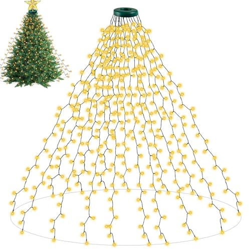 Rintea Lichterkette Weihnachtsbaum, 2M 400 LED, Wasserdicht, 8 Modi mit Speicher &Timer, Weihnachtsbeleuchtung außen&innen mit Ring, 2m x 16 Girlanden für 1.5M-2.5M Tannenbaum