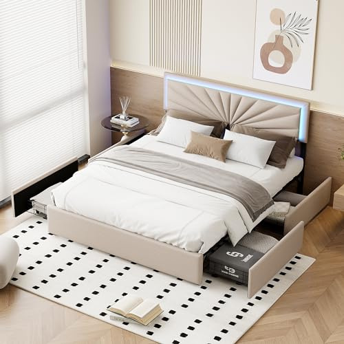 FEEOHOME Schubladenbett, 140 x 200 cm, gepolstertes Doppelbett, Bett mit 4 Schubladen und Lattenrost, Kopfteil mit LED-Lichtern, verstellbarer Bettrahmen für Erwachsene, Jugendliche, Leinen