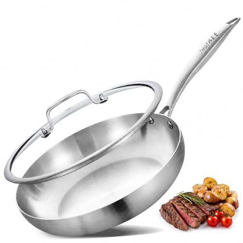 Inqibee Edelstahlpfanne Bratpfanne Unbeschichtet 24 cm mit Deckel | Kleine Pfanne Edelstahl, Stainless Steel Frying Pan, Für Induktion & alle Herdarten - Ofenfest, Spülmaschinenfest