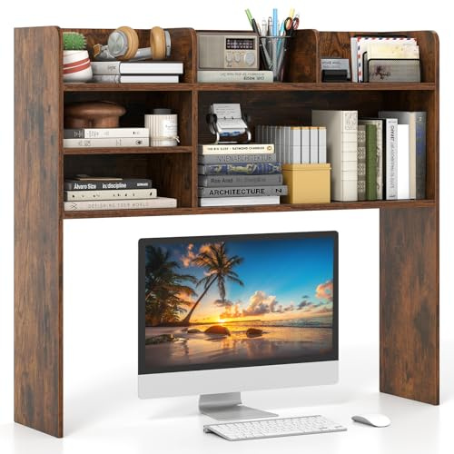 GOPLUS 3-stufiges Schreibtischregal, Schreibtischständer mit 6 offenen Regalen, Schreibtisch Aufsatzregal für Monitore bis zu 32, verstellbares Bücherregal Holz, Tischregal für Zuhause & Büro (Braun)