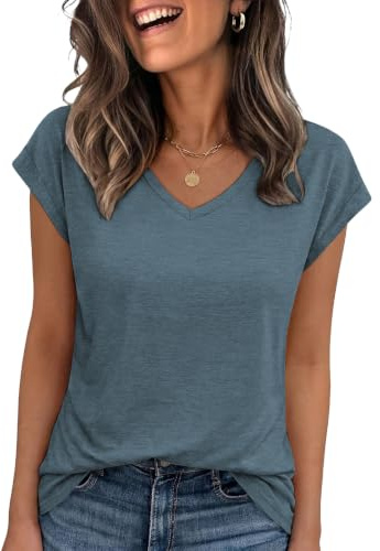 Cuptacc t-shirt damer, toppar sommar, v-ringade toppar, damer, elegant basic blus, kortärmad linne, affärskläder, blå, M