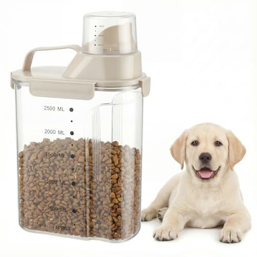 Kryndle Dog Food Storage Container, 2.5L with Airtight Lid & Measuring Cup | Portable Handle Design, Ideal for Dry Kibble of Cats, Dogs and Birds