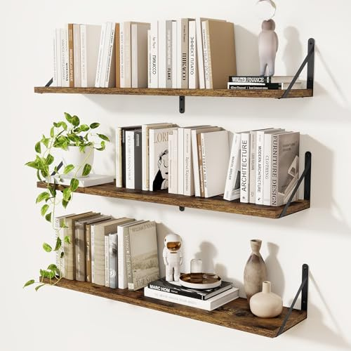 Feihorrm 3er Set Bücherregal, Wandregal Rustikal Braun, Regal 90cm Breit | Wandregal Holz, Bücherregal Wand, Regale für Wände, Bücherregal Holz für Wohnzimmer, Schlafzimmer & Arbeitszimmer