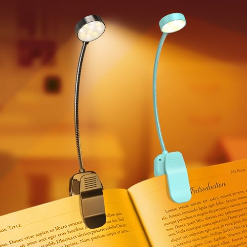 KTEBO Book Reading Light 2 Packs Rechargeable, Eye Care 10 LED Lamp for Reading in Bed - Adjustable Brightness, 3 Color Temperatures 30+ Hours Runtime, Gifts for Book Lovers, Blue & Black