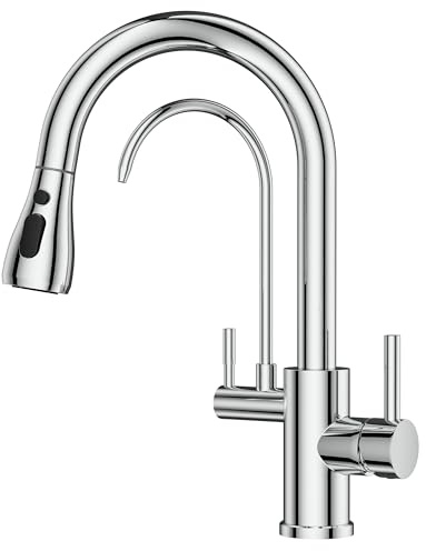 FORIOUS Rubinetto Lavello Cucina, Miscelatore a tre vie, Girevole a 360° Rubinetto Cucina con Doccetta Estraibile e Filtro Dell'acqua, Miscelatore a doppia maniglia, Cromo Lucido