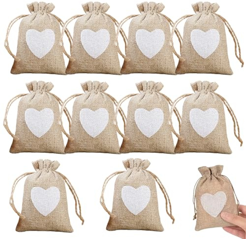 10 Stück Kleine Säckchen Zum Befüllen,kleine jutesäckchen 10x8cm Jutesäckchen mit Kordelzug Kleine Leinensäckchen mit Herz Geschenksäckchen Schmuckbeutel Lavendelsäckchen für Hochzeit Geburtstag Party