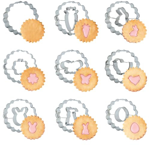 Formina Pasquale Acciaio Inossidabile 9 Pezzi 6 cm Stampi Biscotti Forma di Coniglio, Carota, Uovo di Pasqua, Farfalla, Fiore Tagliabiscotti Pasqua per Preparare Biscotti, Snack e Dessert