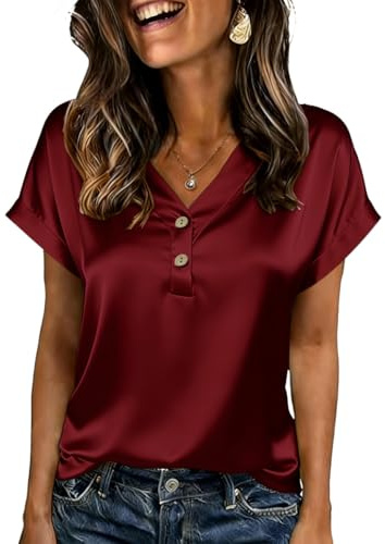 ABINGOO Womens Satin Tops Ladies Short Sleeve Blouse V-Neck Button Elegant Loose Solid T-Shirt