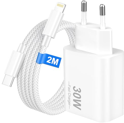 Bamkey 30 W USB-C-snellader med 2 m nylon laddningskabel för iPhone 14, 13, 12, 11, Pro Max och SE, snabbladdare med USB-C-till-Lightning-kabel på 2 meter, PD 3.0-matning för iPad, vit