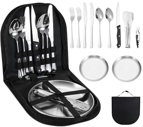 Camping Geschirr Set für 2 Personen, 12 Stk Camping Besteck Edelstahl mit Bestecktasche-Platte,Gabeln, Messer,Löffel &Flaschenöffner,Tragbars Campingbesteck Set für Campings, Picknick, Reisen