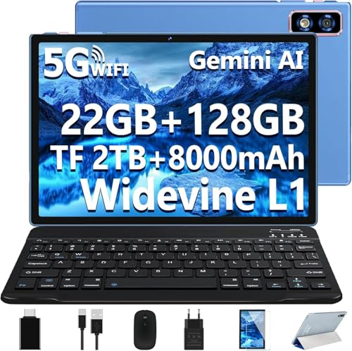 2026 Tablette 10 Pouces Android AI Tablettes, 22GB+128GB (1To Extensible), 5G WiFi,8 Cœurs 2,0GHz,8000mAh,Widevine L1, Netflix FHD,8MP+5MP,GPS,Hotspot,BT5.0,Tablette avec Clavier Souris et Cas-Bleu