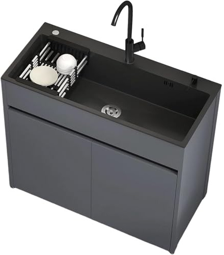 Unité d'Évier Moderne avec Rangement pour Studio et Balcon, cuve en inox nano noir avec meuble en aluminium alvéolaire, poignée encastrée, design anti-débordement, accessoires complets