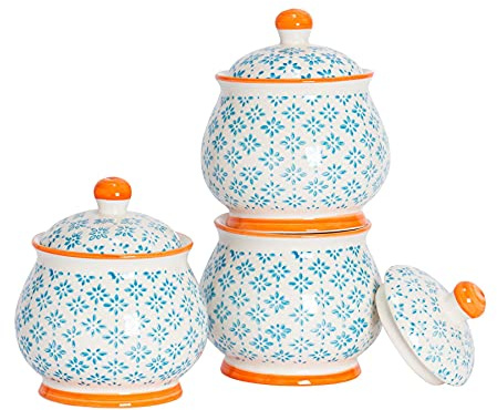 Nicola Spring Patterned Sugar Bowls with Lids - Blue - Pack of 3 | Stoneware Hand Printed Sugar Pot China Kitchen Salt Jar Seasoning Spice Storage Container