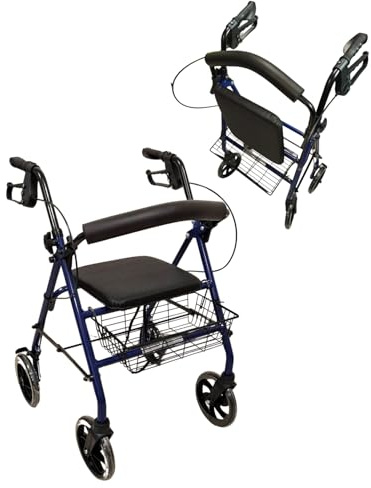 TERMIGEA RO10 - Deambulatore per Anziani con Seduta Pieghevole, Carrello per Anziani per Camminare in Acciaio (Portata 130KG) Sedile e Schienale Imbottito, Freni di Stazionamento, Altezza Regolabile