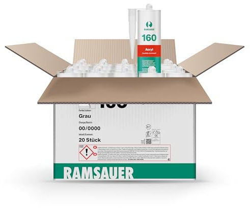 RAMSAUER 160 Acryl (Grau) - 20 Stück im Karton, Dichtstoff für Fugen & Anschlüsse, Fenster, Mauerwerk, Beton, Putz, Zement, Dach- & Fassade, Styroporplatten verkleben, spaltfüllend, überstreichbar
