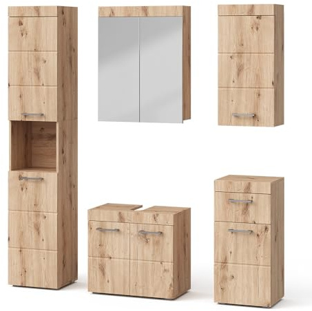 Vicco Set mobili bagno Luna, Quercia Wotan, 60 cm, composto da mobile sottolavabo, specchiera, colonna, base media e pensile
