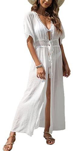 MIXIDON Damen Sommer Bikini Cover Up Maxi Strandkleid Boho Lang Leichte Strickjacke Beachwear Kimono Strand Cardigan, Weiß, XL