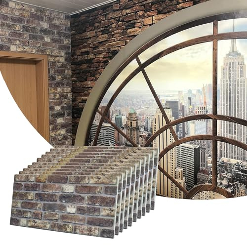 Dundee Deco 3D Wall Panels Faux Brick - Cladding, Grey Brown Stone Look Wall Paneling, Styrofoam Facing for Living Room, Kitchen, Bathroom, Balcony, Bedroom, Set of 10, Covers 53 sq ft