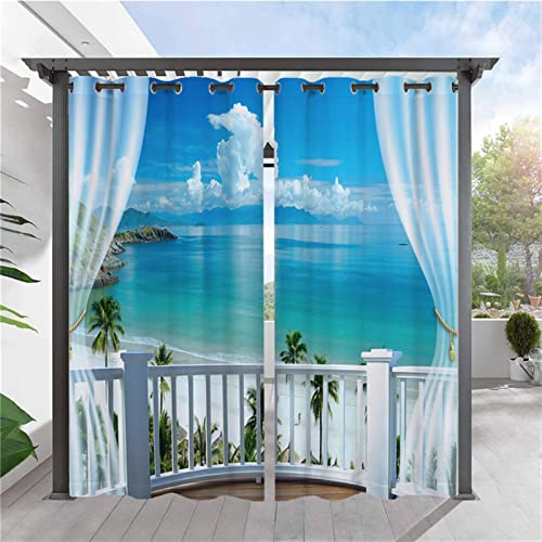 SK Studio 2 Stück Outdoor Vorhang Wetterfest Wasserdicht Sichtschutz Sonnenschutz Vorhang mit Strand-Ozean-Druckmuster für Balkon Terrasse Veranda Pergola Gartenlaube Stil 11, 210x230cm