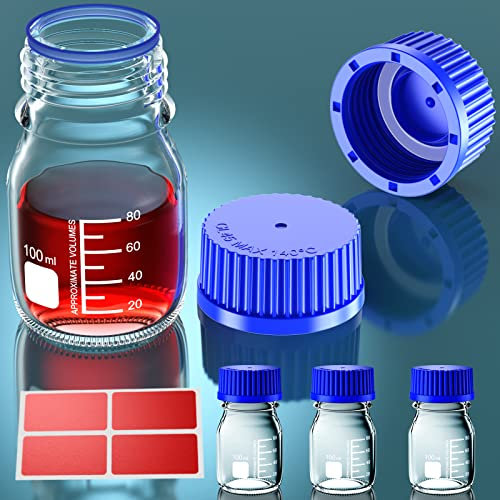 GL25 25 ml GL32 50 ml GL45 100 ml 250 ml 500 ml 1000 ml botellas redondas de almacenamiento de medios botellas de vidrio con GL45 tapón de rosca azul(100ml 4pcs)