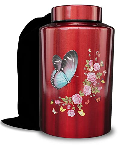 Grande urne funéraire pour cendres d'adulte, mâle, femme, jusqu'à 100 kg, funéraire décorative pour homme, femme, homme, maman, papa, reste avec sac en velours (papillon)
