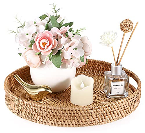 TOLIDA Vassoio di stoccaggio-rattan rotondo 30 cm cesto di stoccaggio in tessuto a mano vassoio decorativo con asaso per pane asciugamani dessert vaso piccolo profumo