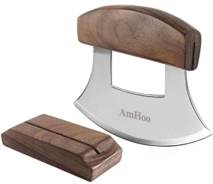 Amhoo Pizza Cutter Chef Mezzaluna Ulu Knife Handle Walnut Wood Grip Sharp Rocker Slicer Stainless Steel Blade Salad Onion Vegetable Chopper with Holder Base Christmas Gifts