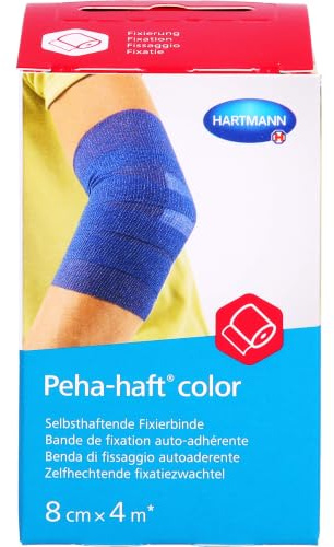 Peha-haft Color - Nastro di fissaggio coeso di colore blu, facile da applicare, non aderisce alla pelle, lascia respirare la pelle, 8 cm x 4 m, 1 unità