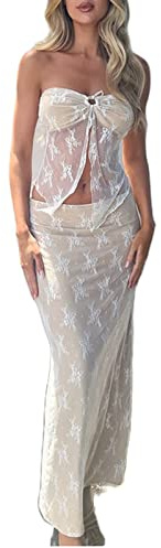 Geagodelia Zweiteiler Damen Maxirock 2 Teiler Set Crop/Tank/Tube Top Oberteil + Lange Rock Y2k Aesthetic Clothes Sommer Sexy Outfits Kleidung Anzug