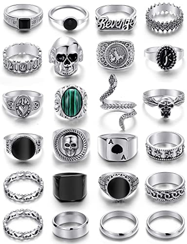 Vintage Silver Punk Rings Set for Men, Cool Gothic Chunky Rings Bulk, Skull Snake Spade Ace Malachite Stackable Hippie Knuckle Rings Pack, Trendy Men's Jewelry Gift for Him (Vintage silver，size 9~10, 24pcs)