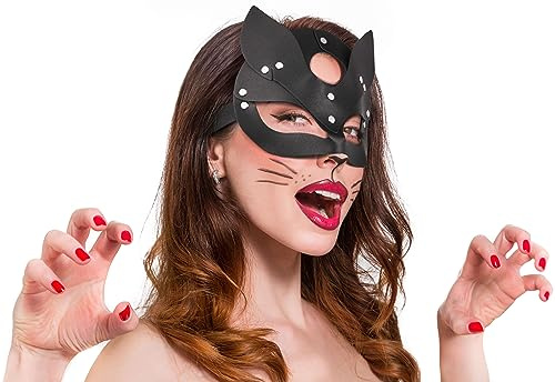 Balinco Katzen Maske, Kostüm Damen, Katzen Augenmaske, Halbmaske Karneval, Halloween Kopfschmuck, Fuchs Maske Sexy, Leder, Schwarz, Nachtclub Outfit