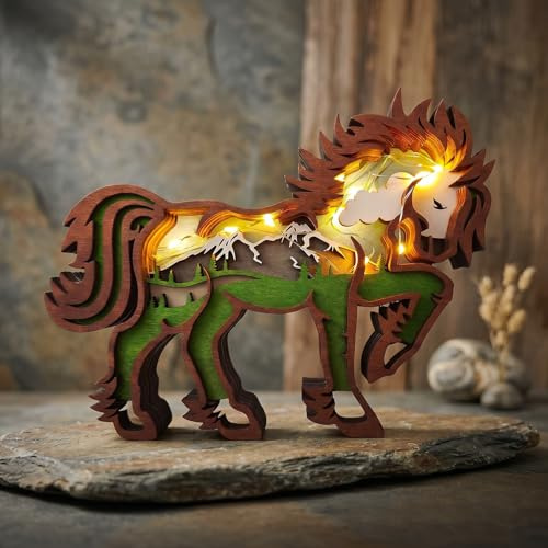 Drawelry Madera Estatua de Animal Adornos con LED Noche Luces Cadena Mano Tallada Escultura Bosque Animales Figura Artesanías Decoracion para Hogar Oficina Escritorio Deco Navidad Regalos (Caballo)