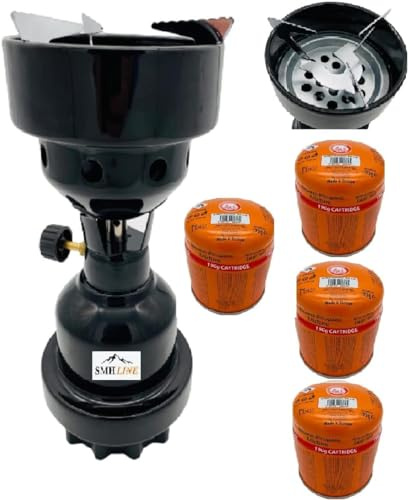 SMH LINE® Réchaud à charbon de camping + 4 cartouches de gaz de 190 g - Mélange de butane et propane - Brûleur à gaz en métal - Pour le camping et l'extérieur - Noir