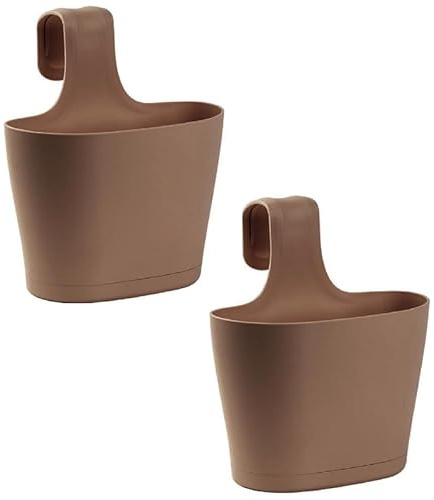 Engelland 2 x Blumentopf zum Auf-Hängen, Geländertopf, Braun, Hängetopf, Balkon-Kasten, oval, Übertopf, Pflanzkasten, mit Wasserspeicher/Wasserauffangschale, 2,8 Liter