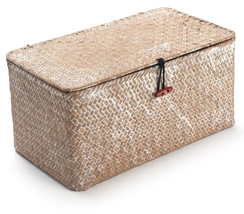 Rattankorb Aufbewahrungskorb aus Seegras mit Deckel Natürliches Material (Weißwäsche Mittel 30cmx18cmx15cm H)