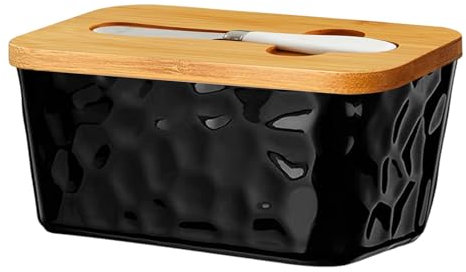 bephible Pot à beurre en céramique de grande capacité avec couvercle en bois et coupe-beurre en acier inoxydable pour réfrigérateur Noir