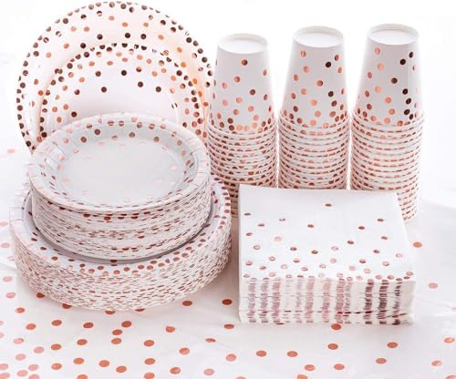 201 platos desechables de color oro rosa para fiestas, platos de papel con lunares, incluye 50 platos llanos, 50 platos de postre, 50 servilletas, 50 tazas, 1 mantel de plástico, para baby shower,